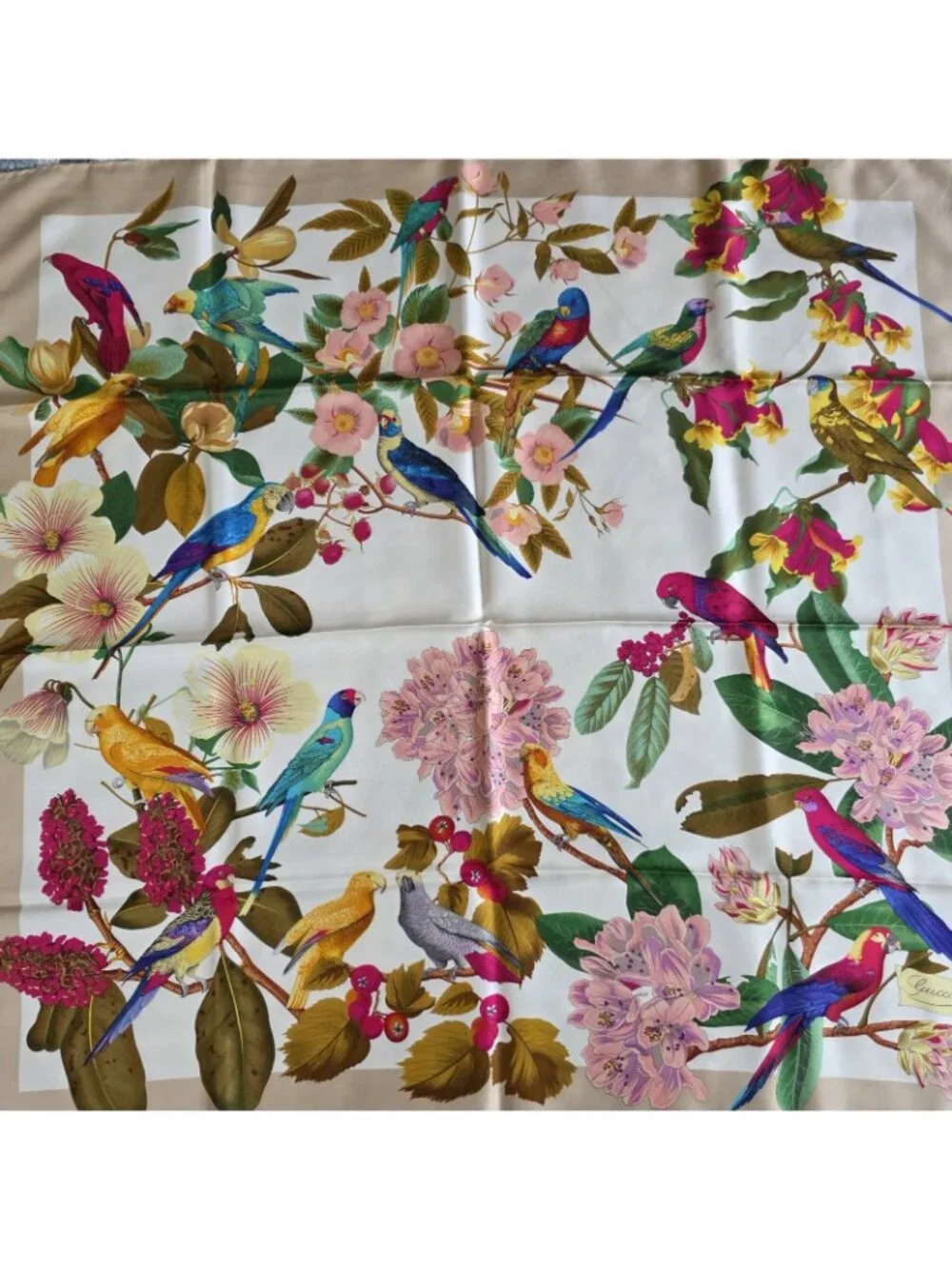 Vtg Gucci Multicolored Parrot Bird Silk Floral Print Hand Rolled Scarf 33